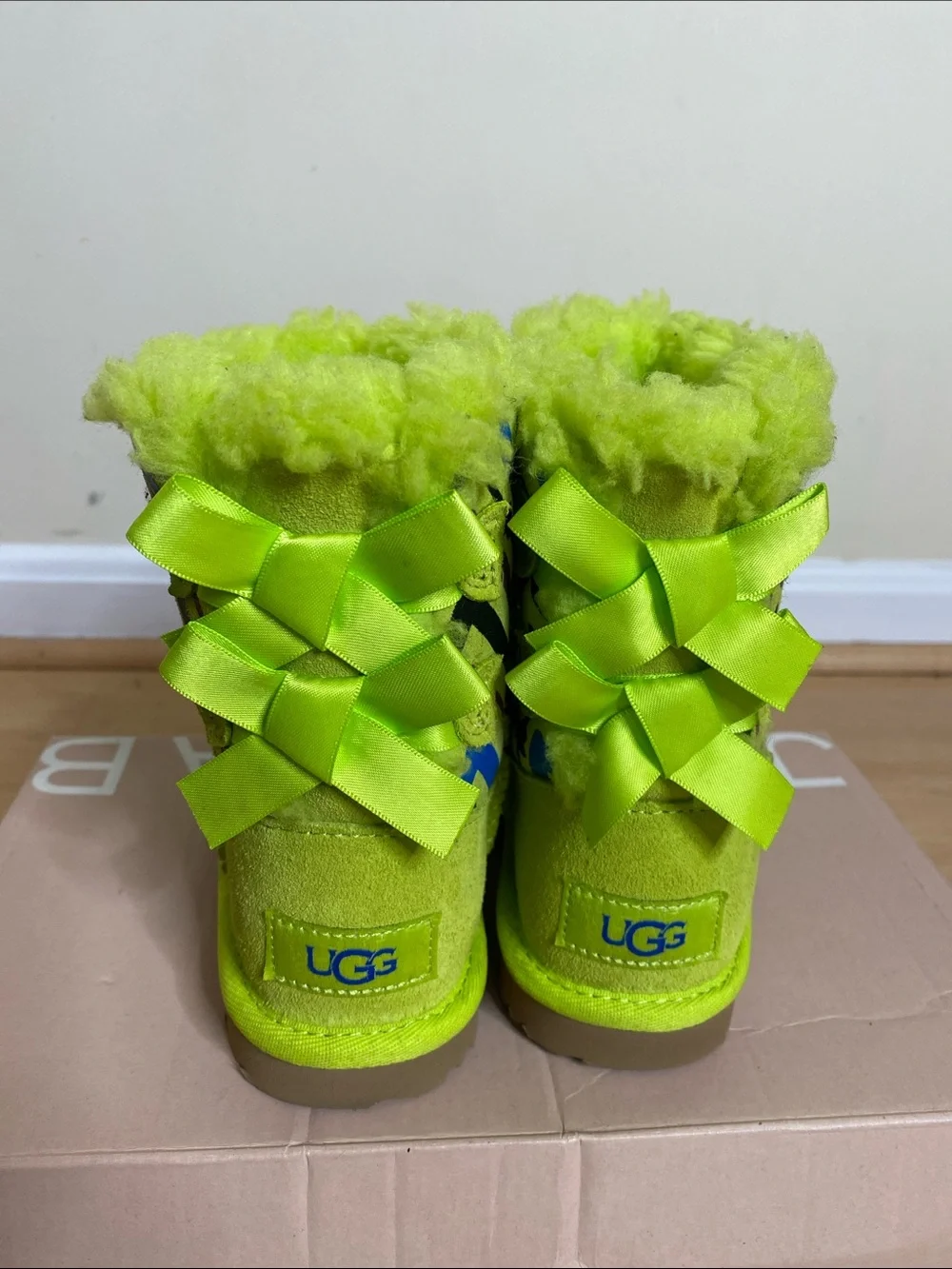 UGG Neon Lime Multi‑Pattern Kids Shearling Boots
